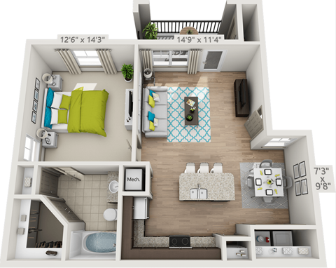 Floor plan for 1 bed, 1 bath, 785 sqft